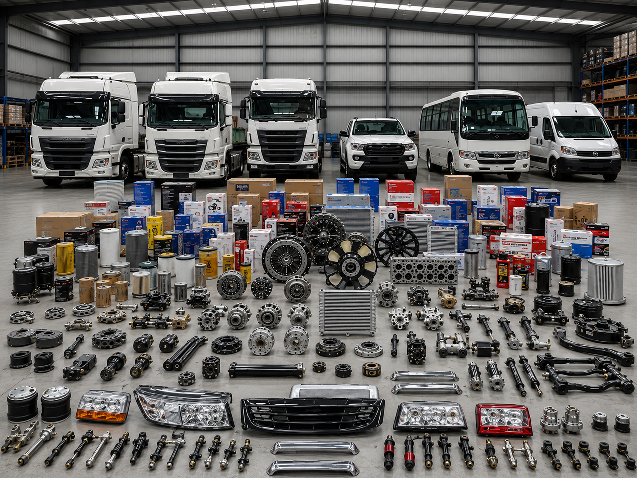 Truck and auto spare parts display in a modern warehouse with commercial vehicles