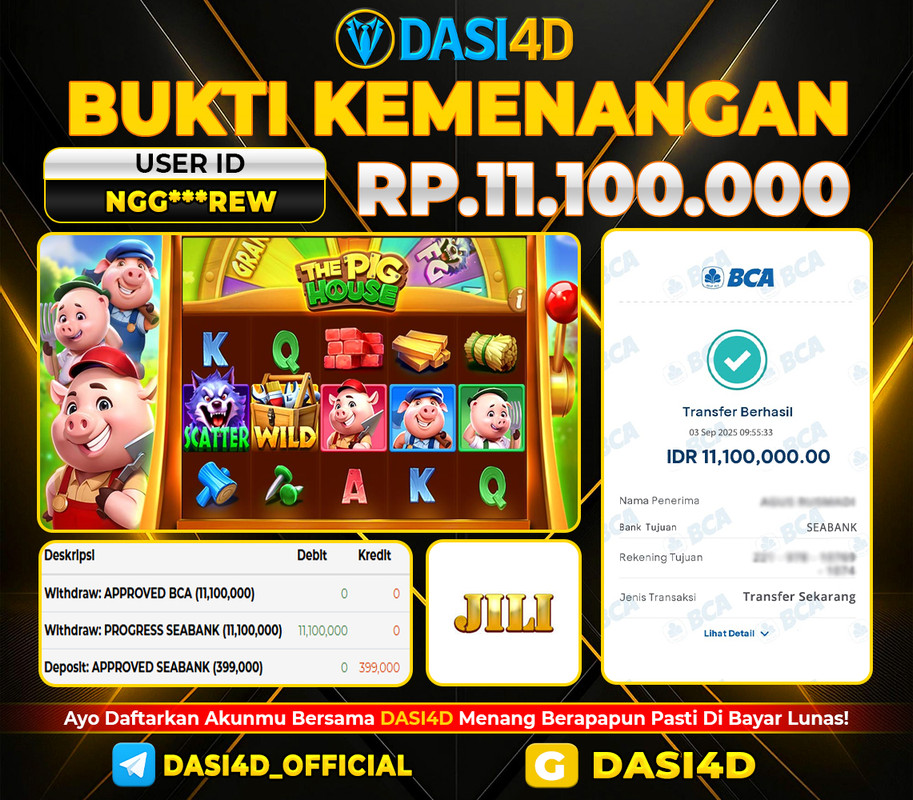 BUKTI KEMENANGAN 03 SEPTEMBER  2025 DI THE PIG HOUSE  RP 11.100.000