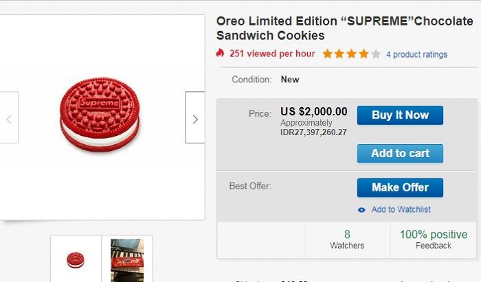 Meski belum dirilis, Supreme x Oreo sudah dijual di eBay, Kamis (20/2/2020).