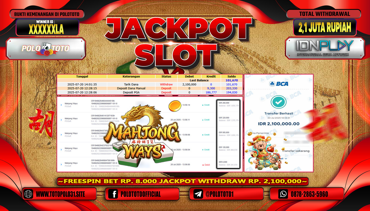 POLOTOTO JACKPOT SLOT MAHJONG WAYS Rp.2.100.000,- LUNAS