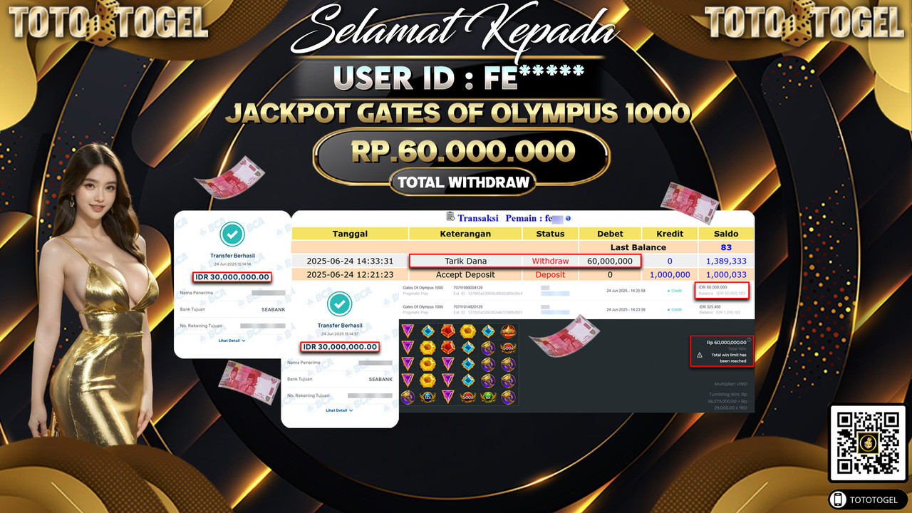 Bukti Pembayaran Jackpot Permainan Slot Gates Of Olympus 1000 ID:FE***** LUNAS