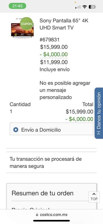 Costco: Sony Pantalla 65 4K UHD Smart TV con TC Costco Banamex