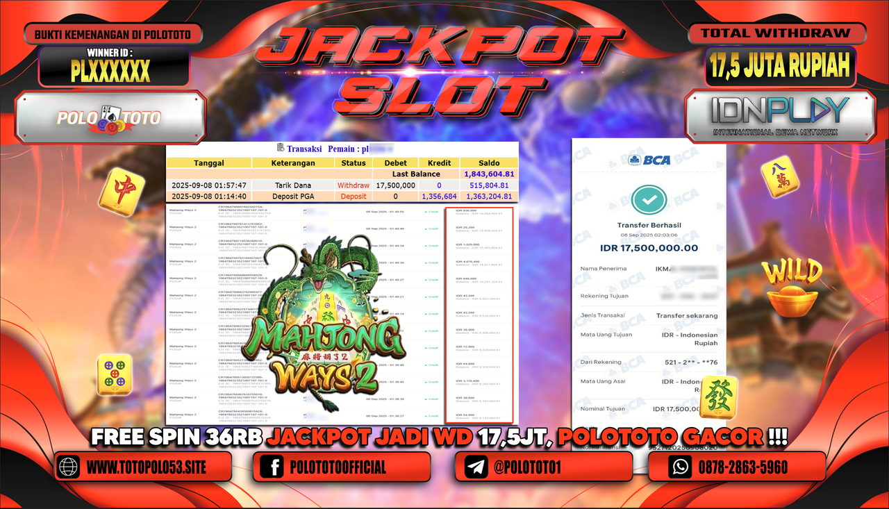 POLOTOTO JACKPOT SLOT MAHJONG WAYS 2 Rp.17.500.000,-