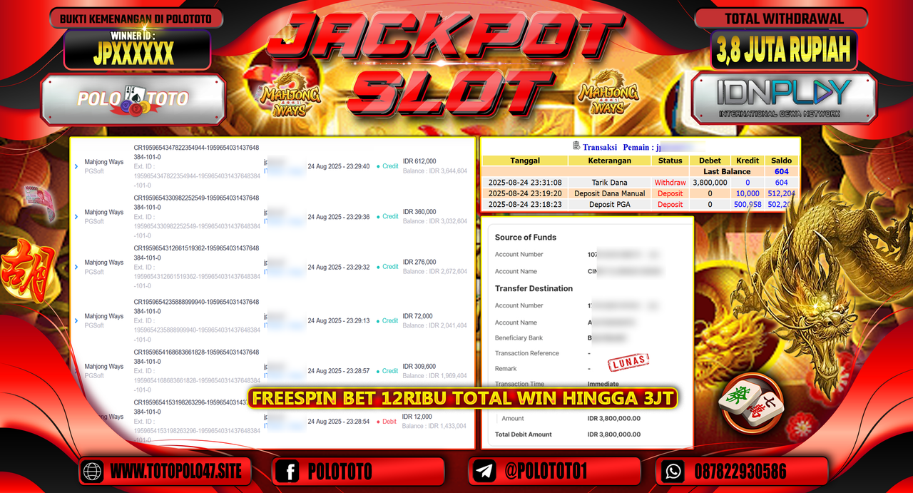 POLOTOTO JACKPOT SLOT MAHJONG WAYS Rp.3.800.000,-