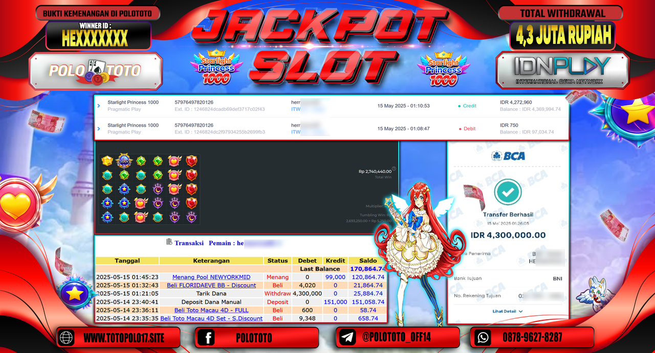 POLOTOTO JACKPOT SLOT STARLIGHT PRINCESS 1000 Rp.4.300.000,-