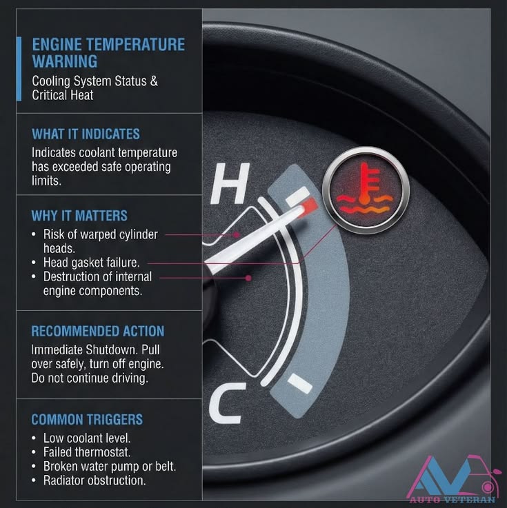 Engine temperature warning light and gauge pointing to H
