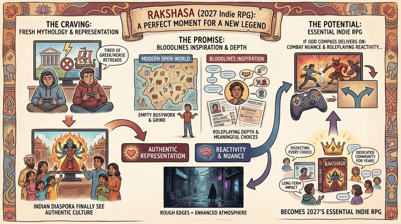 Rakshasa Revealed - India's Darkest RPG Blends Tantrik Magic with Turn-Based Chaos 1 Indian city street at night with neon signs and urban atmosphere
