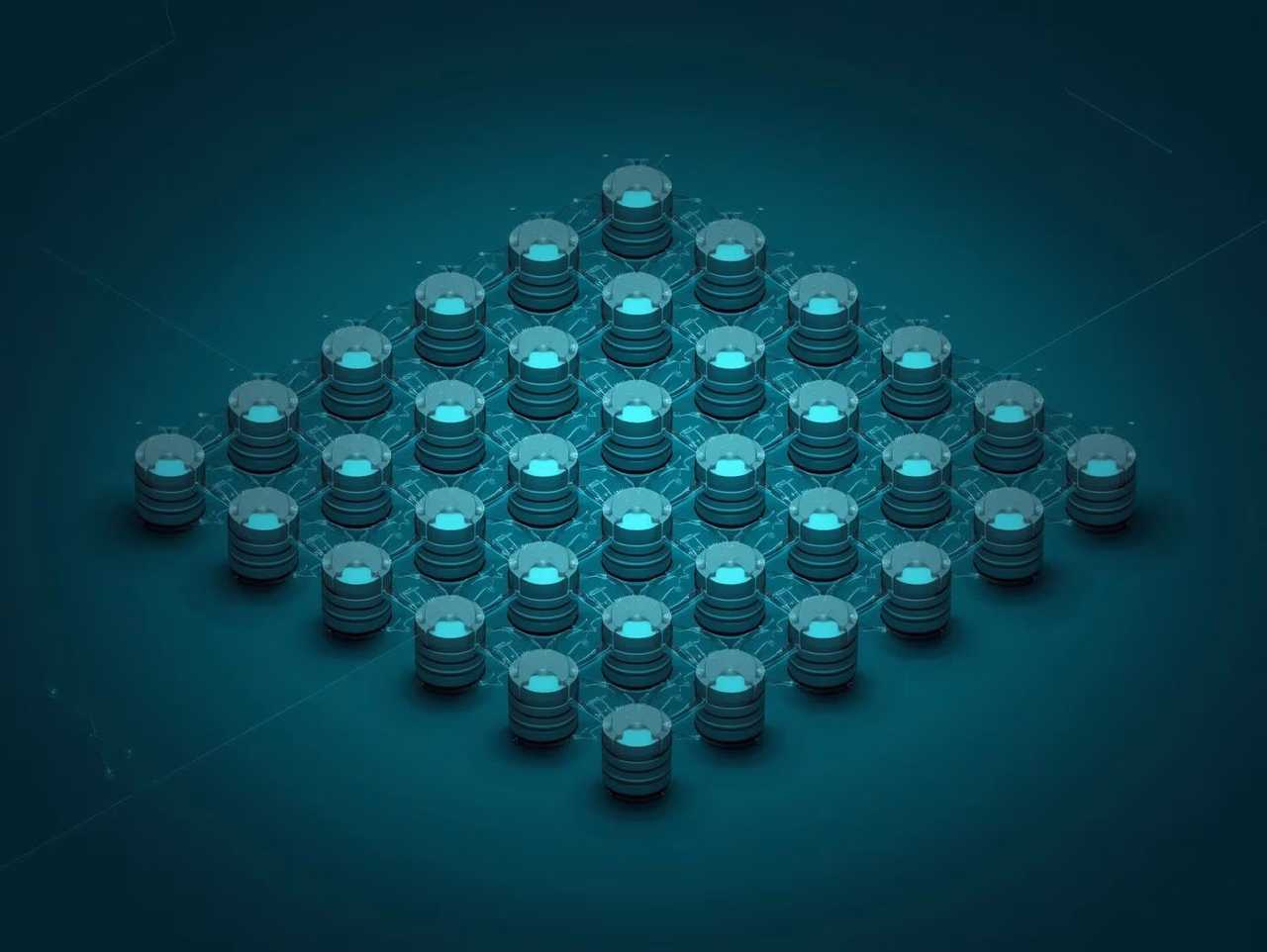 3D isometric visualization of multiple database cylinders organized into a complex grid. Background is a deep solid dark teal #004751.
