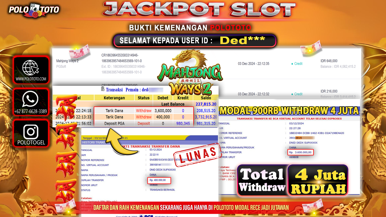 POLOTOTO JACKPOT SLOT MAHJONG WAYS 2 Rp.4,000.000,-