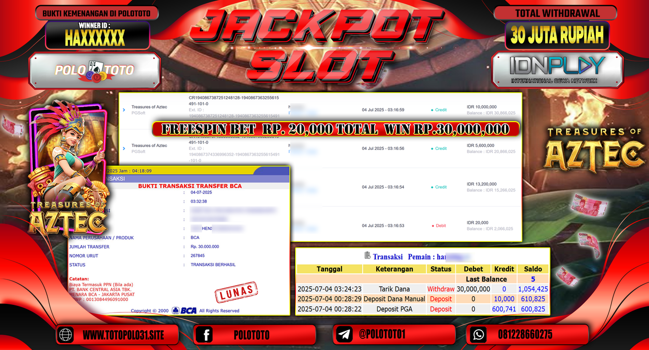 POLOTOTO JACKPOT SLOT TREASURES OF AZTEC Rp.30.000.000,-