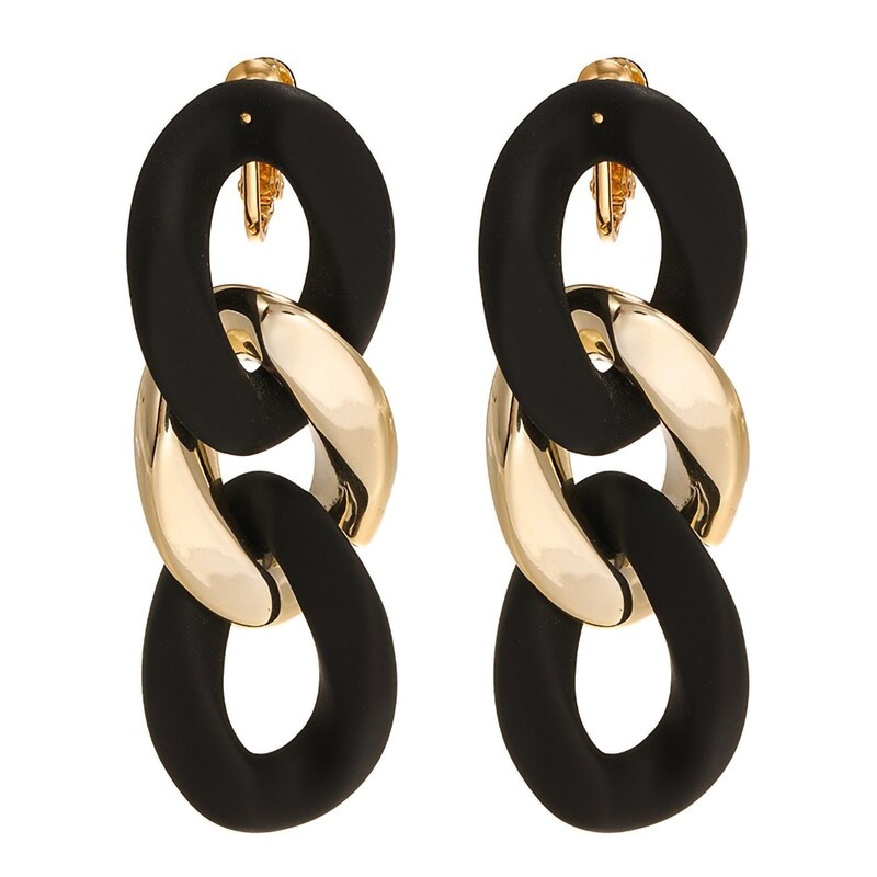 Women Drop Dangle Earrings Vintage Black Gold Acrylic Long Clip Oval Jewelry New
