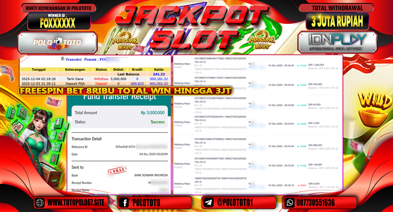 POLOTOTO JACKPOT SLOT MAHJONG WAYS Rp.3.000.000,- LUNAS