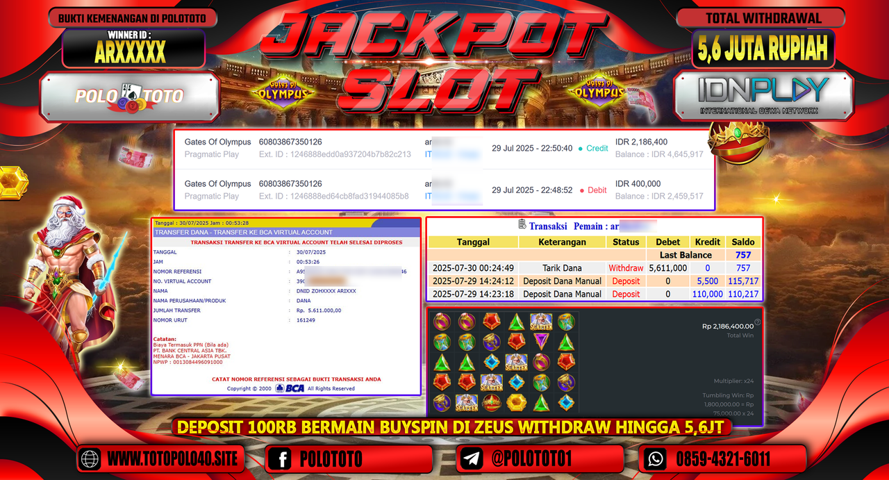 POLOTOTO JACKPOT SLOT GATES OF OLYMPUS Rp.5.600.000,- LUNAS
