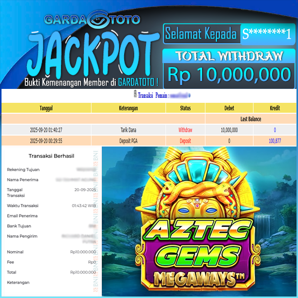 JACKPOT DI PERMAINAN SLOT AZTEC GEM MEGAWAYS WD Rp10.000.000,- DIBAYAR LUNAS GARDATOTO MANTAP!