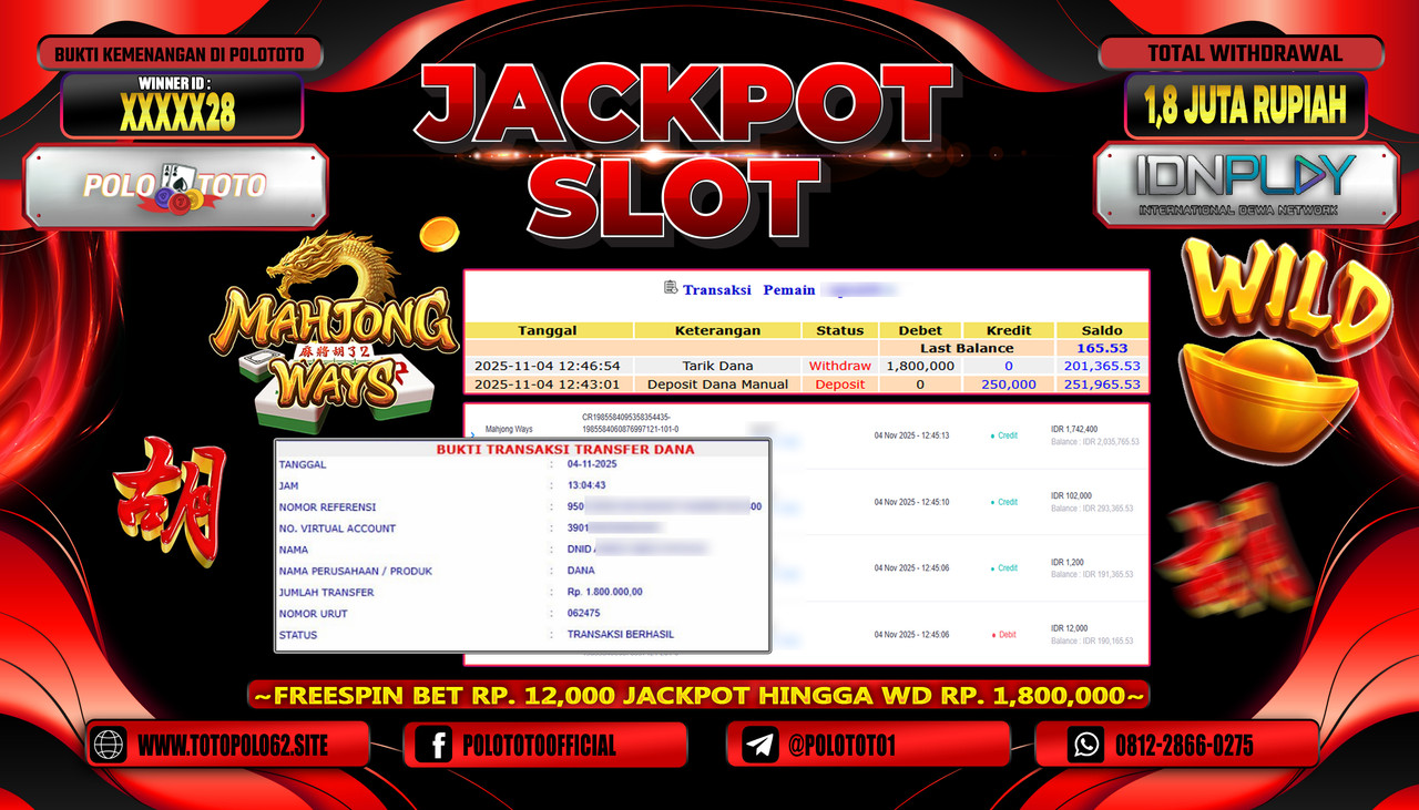 POLOTOTO JACKPOT SLOT MAHJONG WAYS Rp.1.800.000,- LUNAS