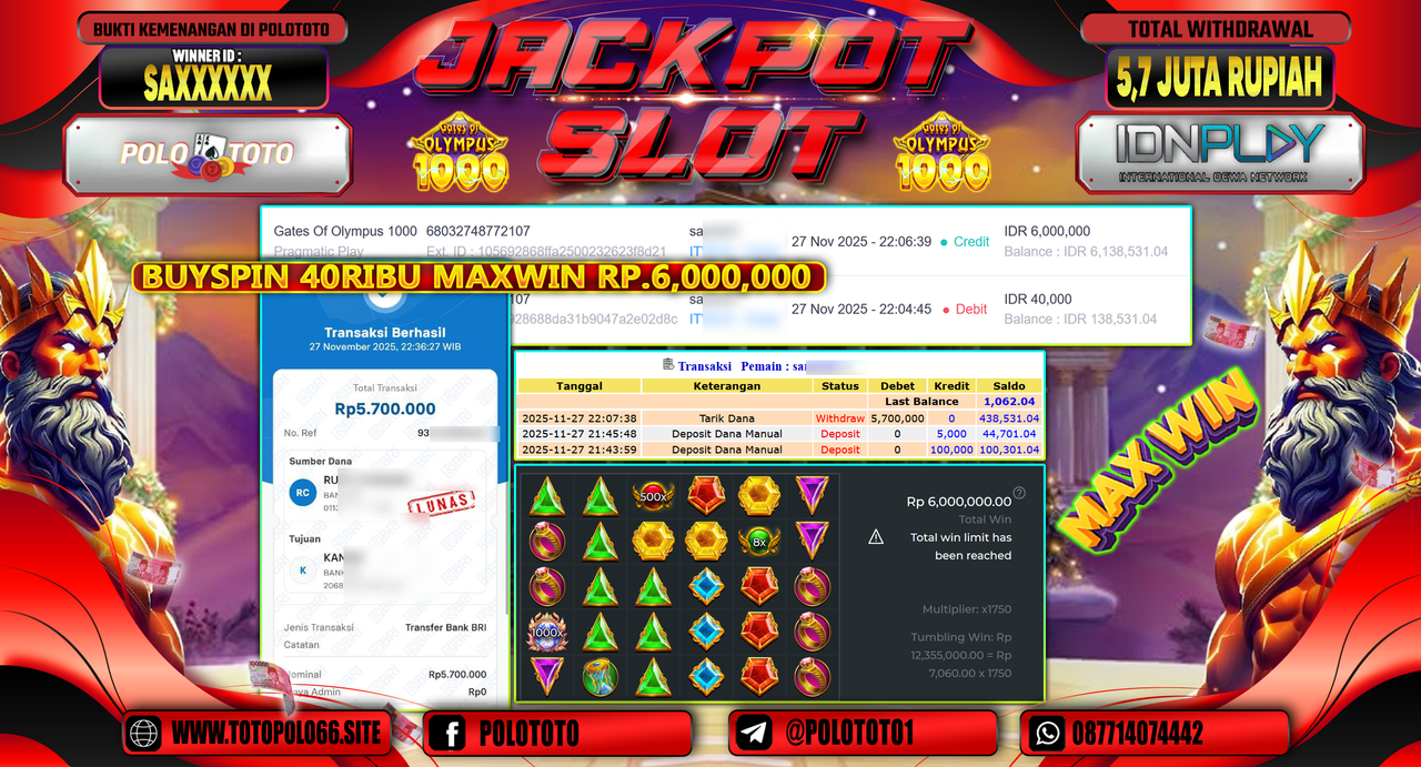 POLOTOTO JACKPOT SLOT GATES OF OLYMPUS 1000 Rp.5.7000.000,- LUNAS