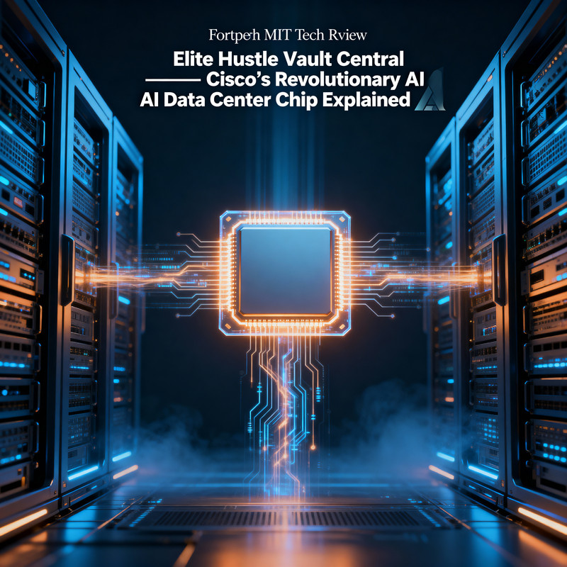 Glowing AI chip connecting two data center racks