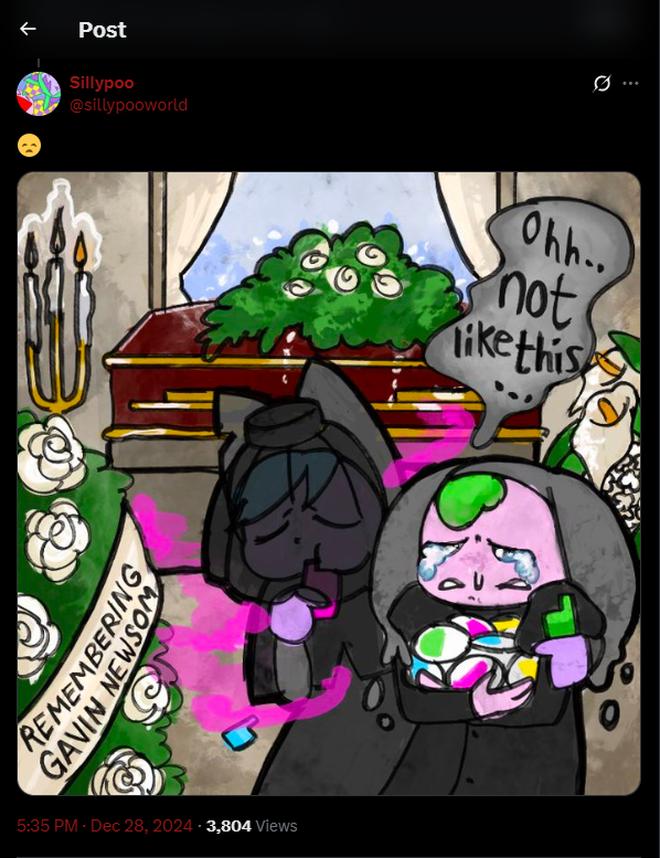 Twitter screenshot with part 2 of a 2 part comic stupid and poop are crying at a funeral for Gavin Newsom