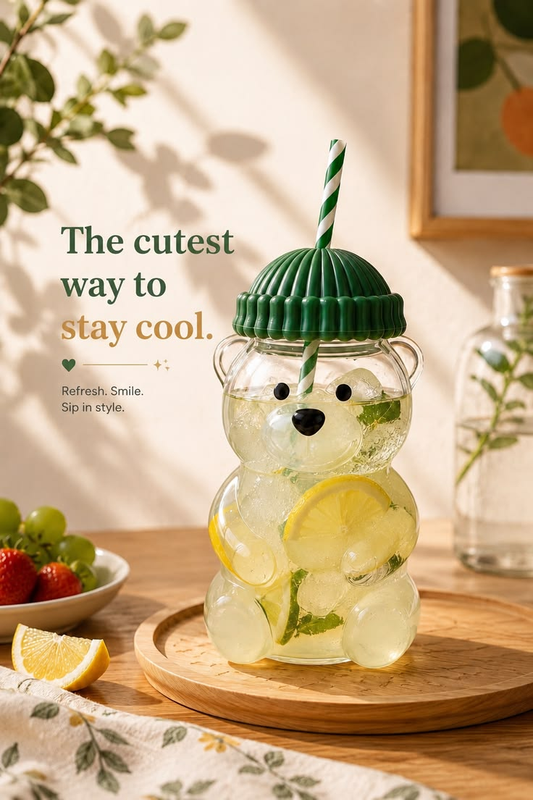Cute Bear Glass Sipper Cup with Lid and Straw - 500ml