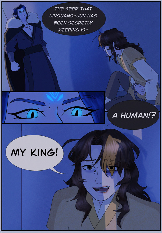 comic, mobei jun wearing a thick winter cloak with fur around the trim and some blue robes exposing his chest looking down menacingly at shang qinghua on the bottom right of the comic with the thought bubble "the seer that linguang-jun has been secretly keeping is...", an up-close look at mobei-jun's suspicious and suprised blue eyes with his glowing blue demon mark on his forehead, "A human?" and then shang qinghua looking rough and beat up, one of his eyes swollen, he is sitting down in chains and he looks up, smiling at mobei jun saying "my king!"