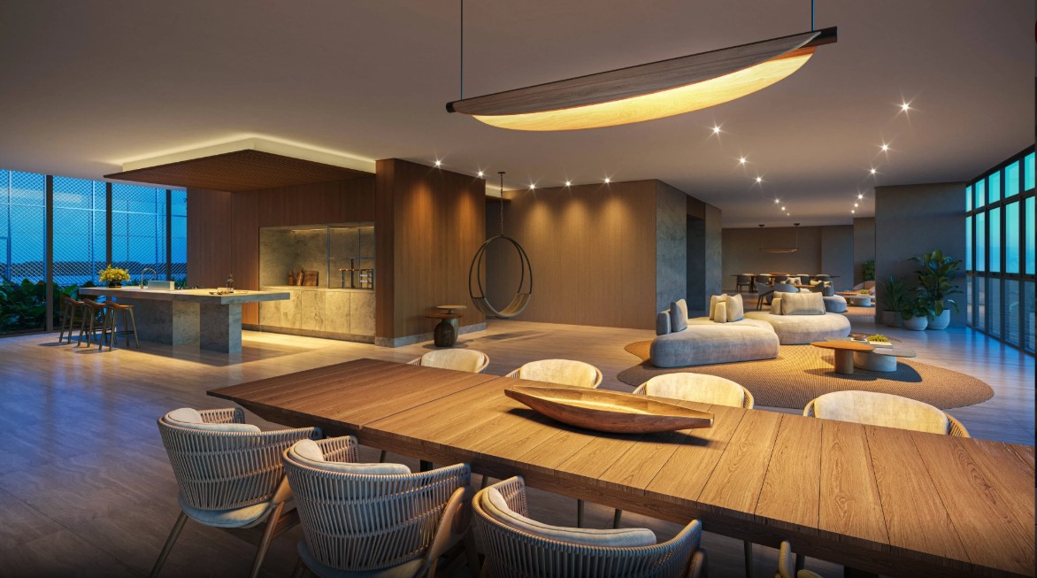 Salão de festas com decoração contemporânea e varanda gourmet