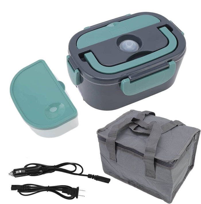 Lonchera eléctrica 2 en 1 de acero inoxidable con accesorios.