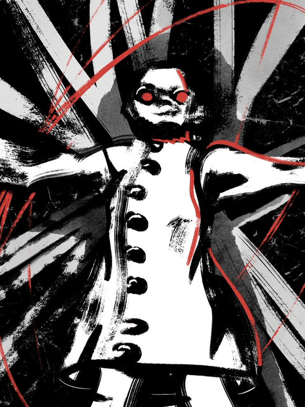 a sketchy hugo in his labcoat, arms outstretched, surrounded by red and white lines to denote the energy and power surrounding him