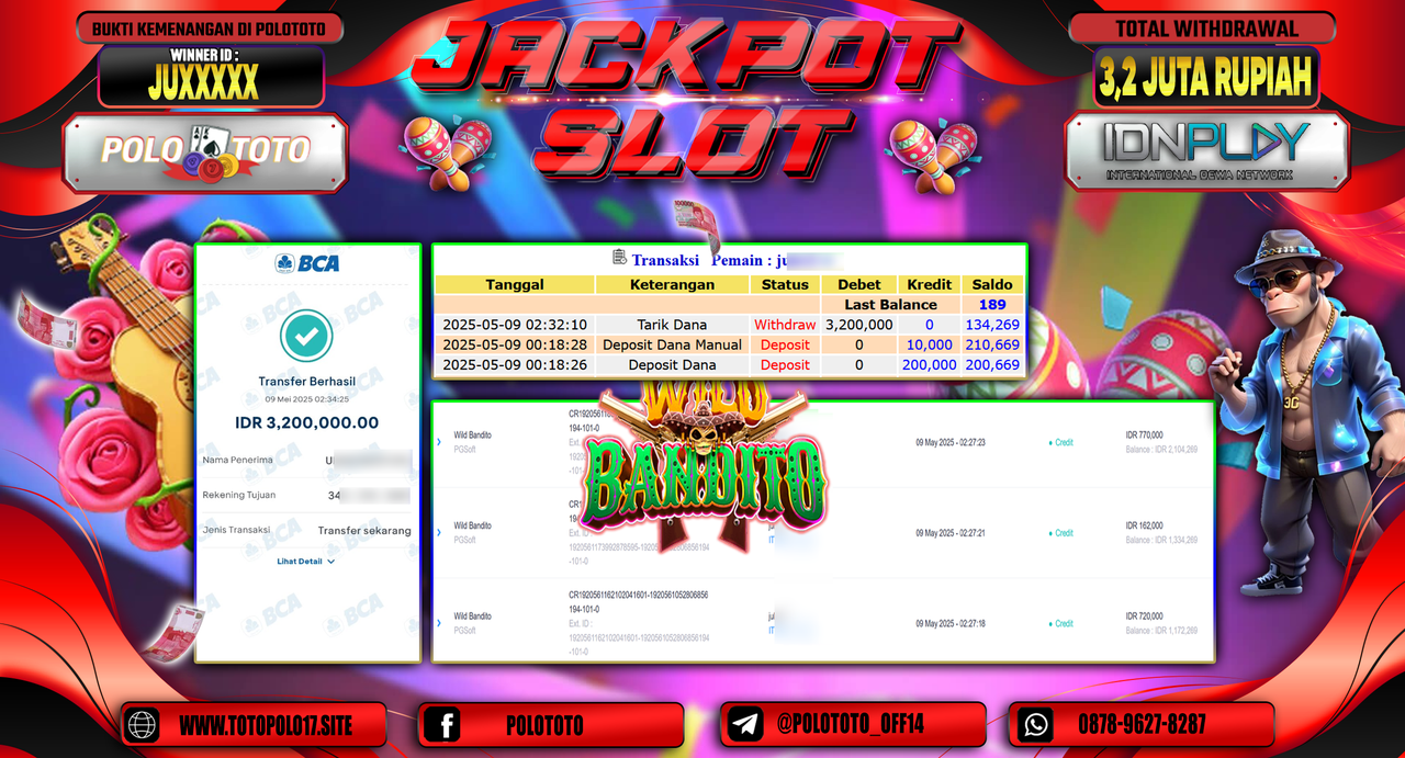 POLOTOTO JACKPOT SLOT WILD BANDITO Rp.3.200.000,-