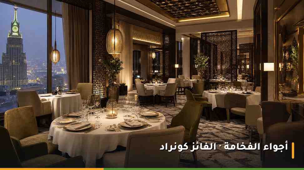 مطعم فاخر داخل فندق كونراد جبل عمر مكة بأجواء راقية وتنسيق أنيق للطاولات