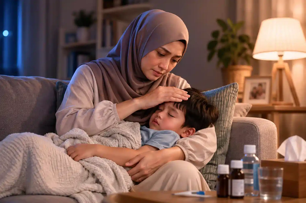 Ibu bapa menjaga anak yang sakit di rumah