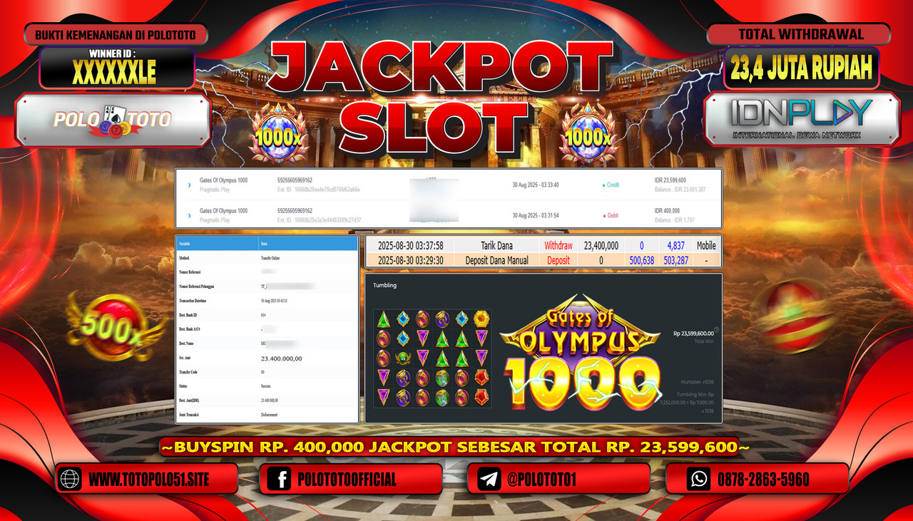 POLOTOTO JACKPOT SLOT GATES OF OLYMPUS 1000 Rp.23.400.000,-LUNAS