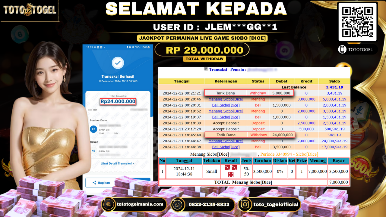 Bukti Pembayaran Jackpot Permainan Live Game Sicbo [Dice] ID: JLEM***GG**1 LUNAS