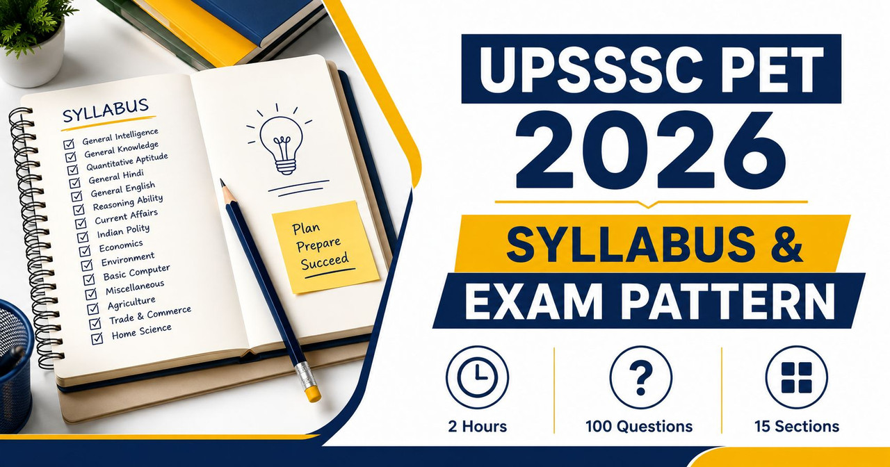 UPSSSC PET 2026 Syllabus and Exam Pattern — Section-Wise Guide UPSSSC PET 2026 syllabus and exam pattern infographic showing 100 questions, 2 hour duration and 15 sections