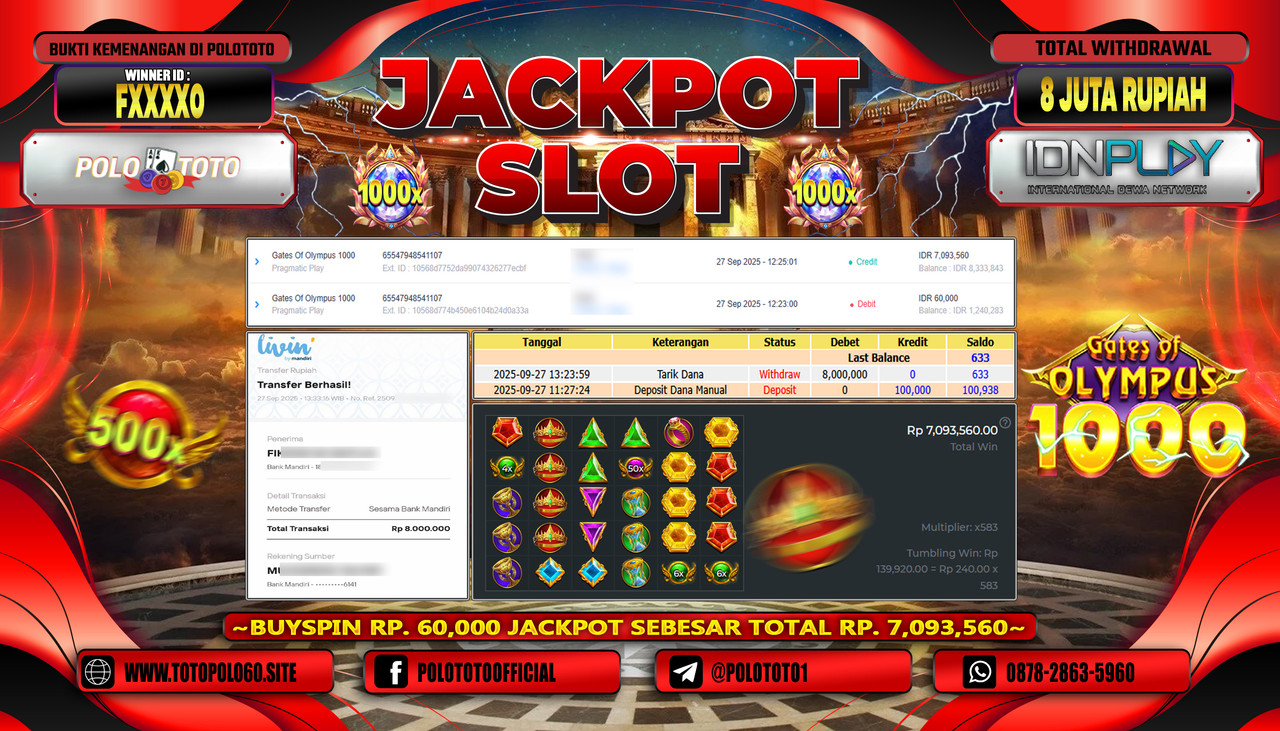 POLOTOTO JACKPOT SLOT GATES OF OLYMPUS 1000 Rp.8.000.000,- LUNAS