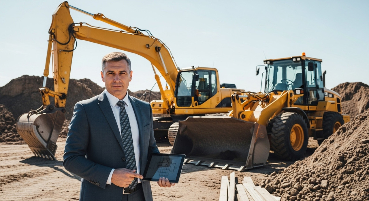 Предприниматель на фоне спецтехники выбирает лизинг для бизнеса