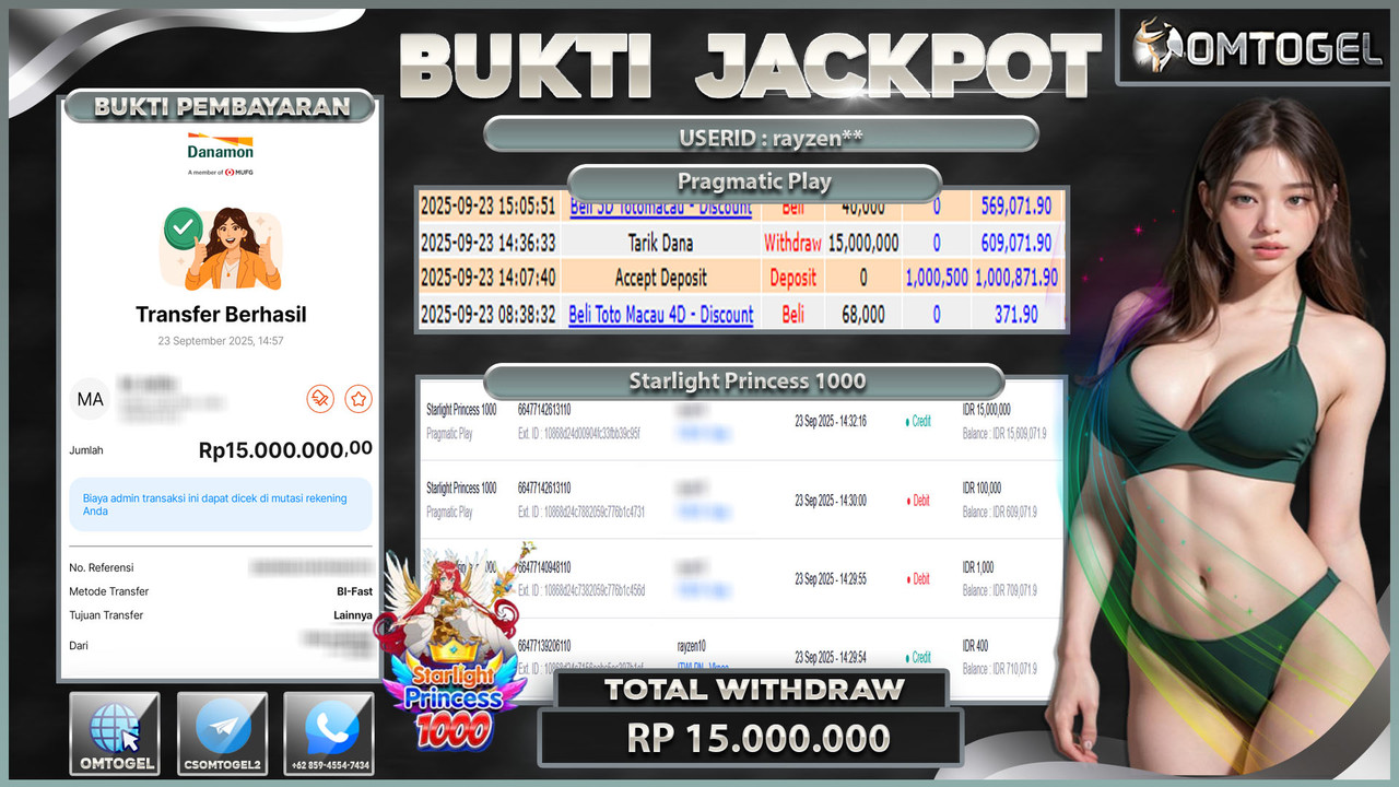 OMTOGEL JACKPOT PRAGMATIC PLAY STARLIGHT PRINCESS 1000 15 JUTA DI BAYAR LUNAS ,-