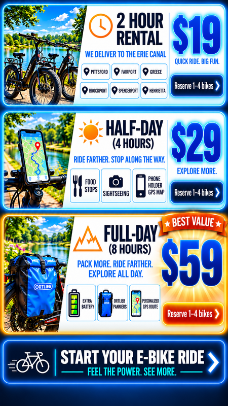 Rochester E-Bikes rental offers: two hours for $19, half-day four hours for $29, and full-day eight hours for $59. Reserve one to four E-Bikes.