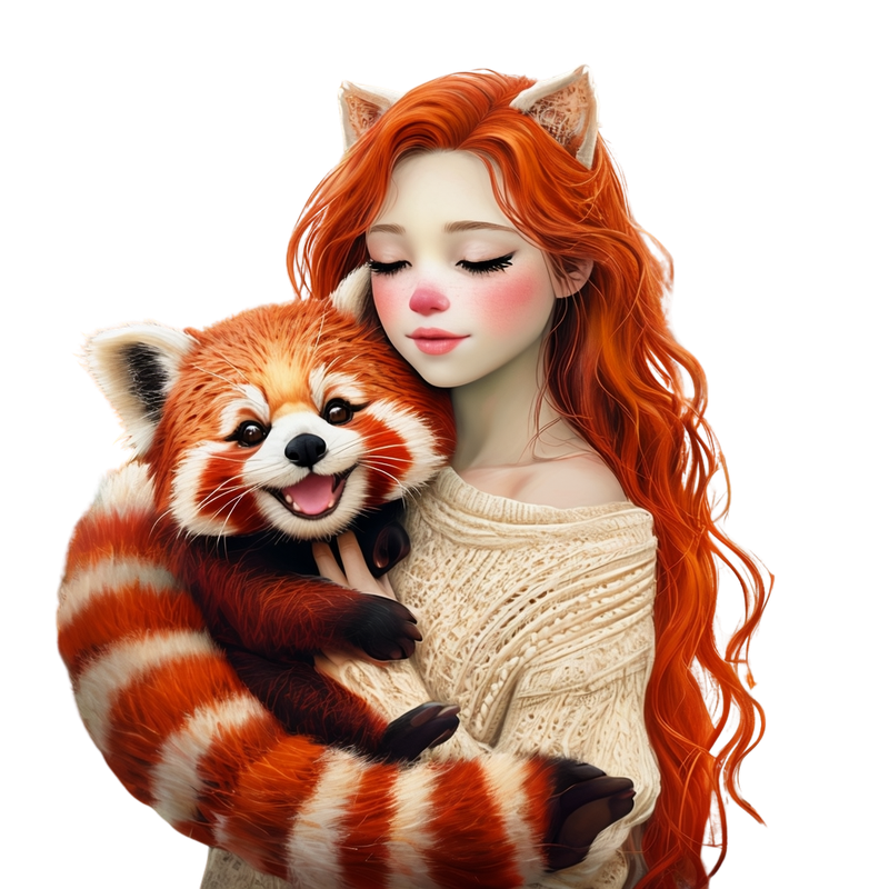 Young Woman With Red Panda In Vibrant Autumn Forest (3)