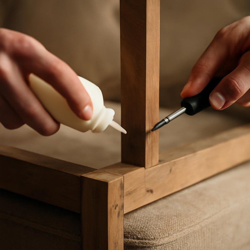 Ремонт деревянного каркаса дивана с использованием клея и саморезов