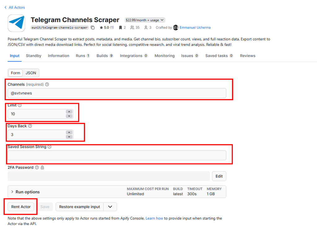 Telegram Channels Scraper configuration