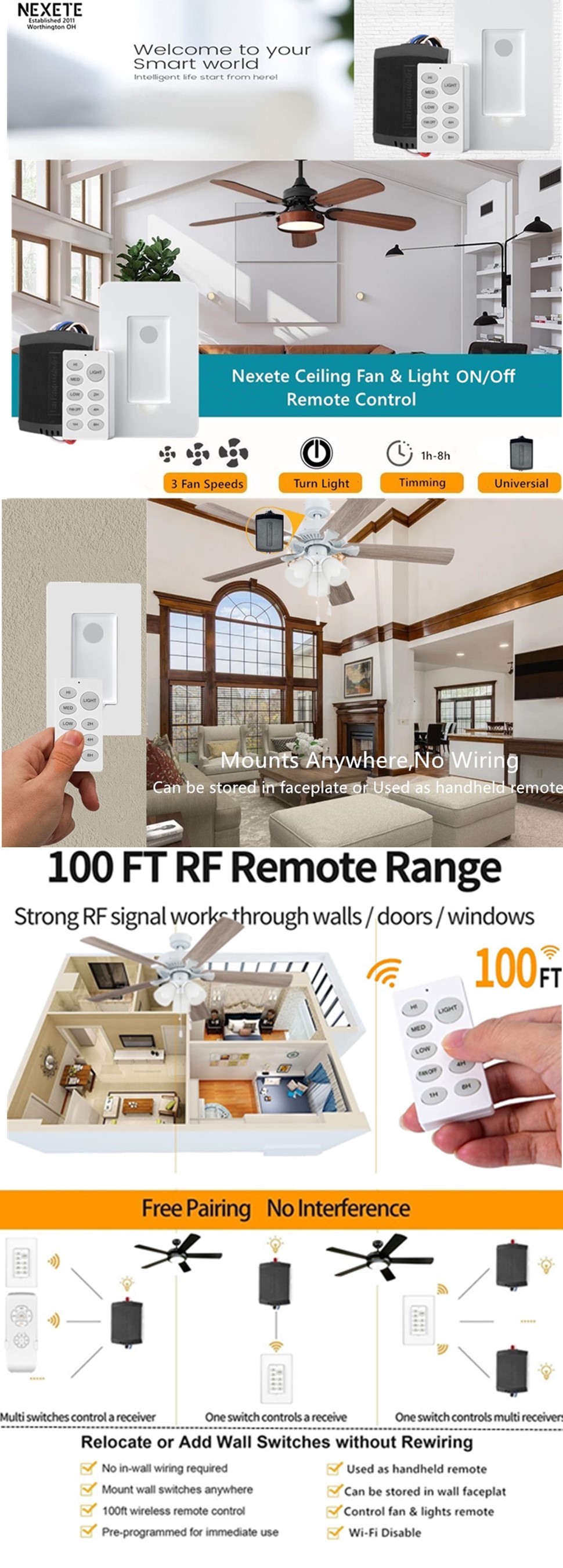 Nexete Universal Ceiling Fan Wall Remote Control Kit, add a Ceiling Fa –  nexete