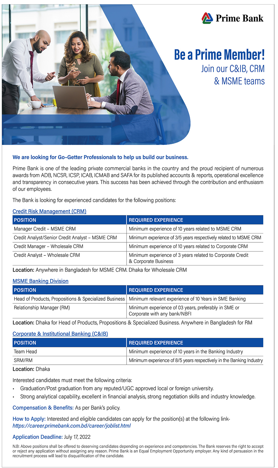 Prime Bank Job Circular 2022