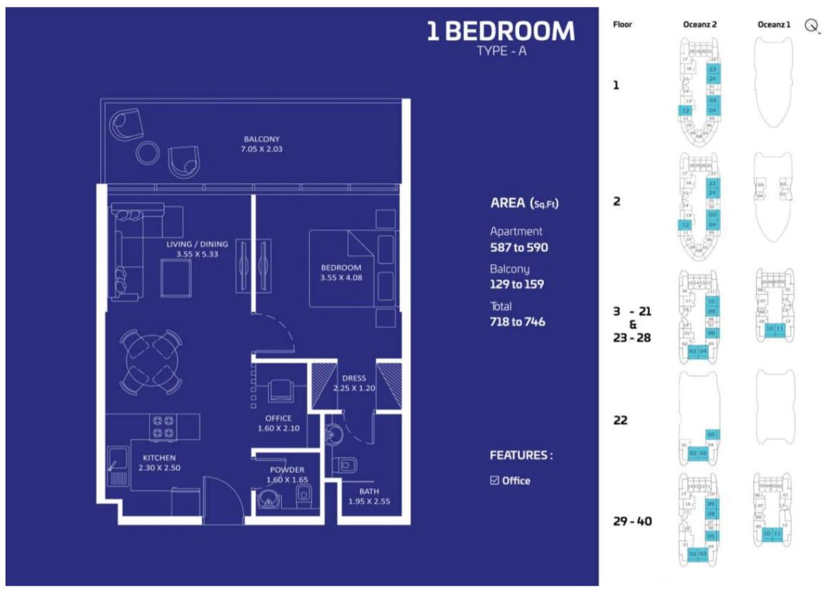Detailed 1-BR apartment layout keyplan in Oceanz 1 by Danube showing unit positioning within the tower in Dubai Maritime City as part of an Oceanz 1 Distress Deal property offering