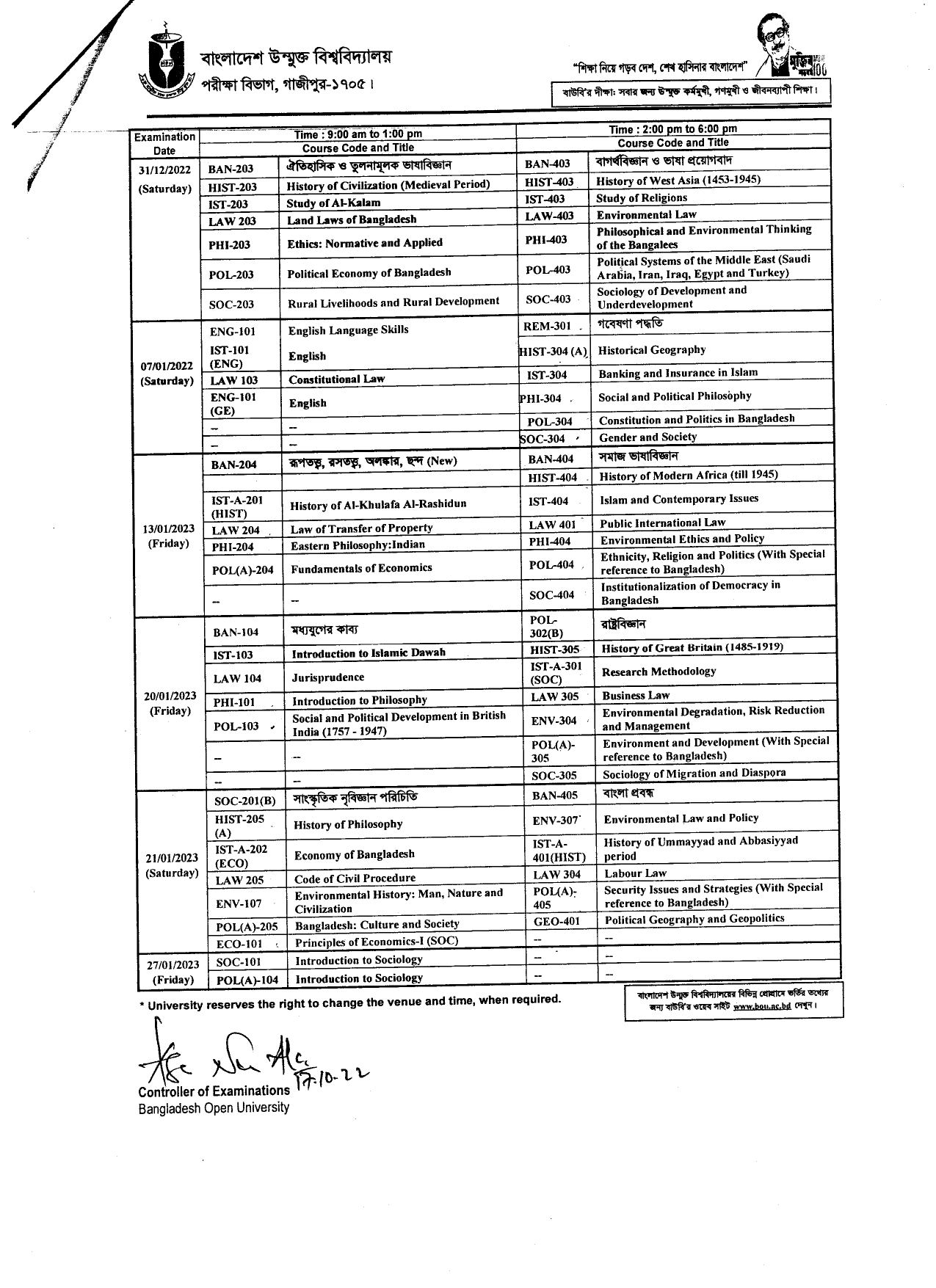 BOU BA BSS & LLB (Hon's) Exam Routine