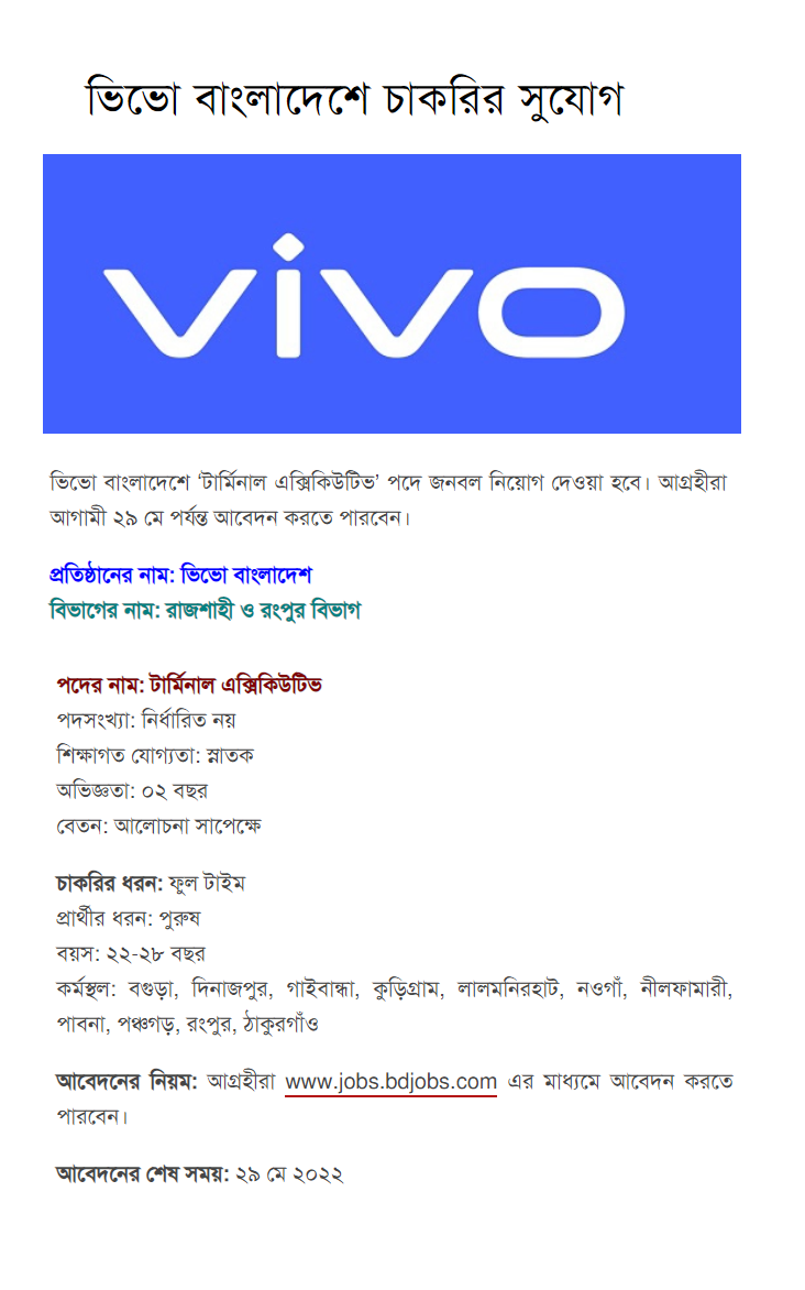 Vivo তে নিয়োগ বিজ্ঞপ্তি ২০২২