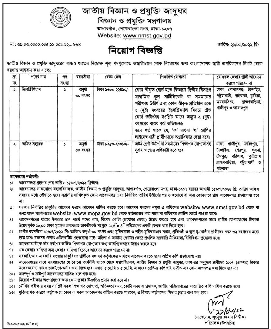 জাতীয় বিজ্ঞান ও প্রযুক্তি জাদুঘর নিয়োগ বিজ্ঞপ্তি ২০২৩