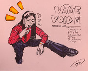 canvas painting of a chinese girl posing with large letters reading "WHITE VOID" and smaller text below reading "NAHS 24-25; TRACKS: 1. Misalignment 2. Dry Ink 3. Cheap Paint 4. Pain 5. Undeniable Drip.