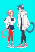 1boy, 1girl, concept art, blue background, cat ears, cat tail, black eyes, brigh s-257539697