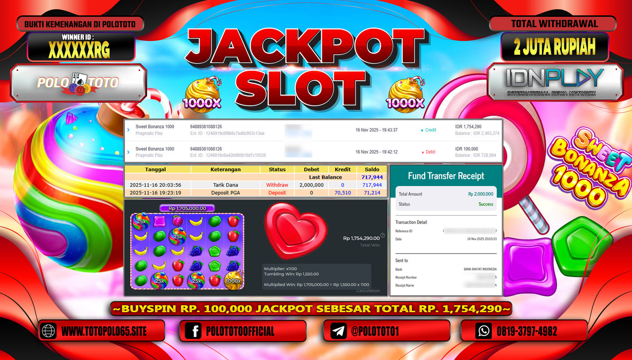 POLOTOTO JACKPOT SLOT SWEET BONANZA 1000 Rp.2.000.000,- LUNAS
