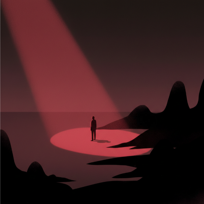 Minh họa sự đối lập giữa “trả nghiệp” và “gieo nhân gặt quả” qua hình ảnh con người cô độc, ánh sáng và bóng tối tượng trưng cho nhân – quả.